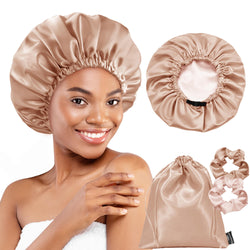 BONNET QUEEN Satin Bonnet for Sleeping Silky Bonnet for Women Double Layer Reversible Hair Cap Elastic with 2 Scrunchies & 1 Satin Bag cap Home Goods Haircare Heatless Bn013-Champagne&Jade Pink Machine Washable