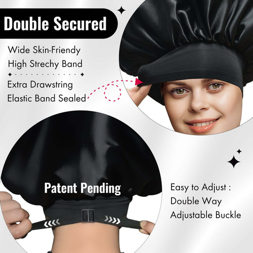 Elastic band adjustable Silk Satin Bonnet Night Cap(Large, Black+Pink, 4pcs Item Gift Pack)