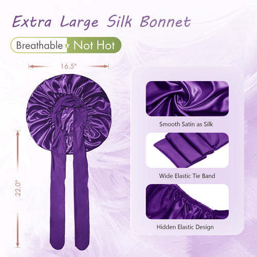 Single Layer Silk Satin Tie Bonnet Large Purple - BONNET QUEEN