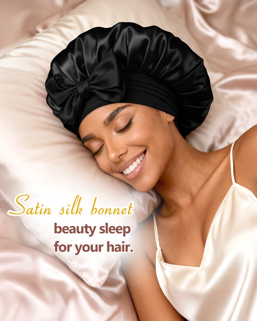 Bonnet Queen Silk Bonnet for Sleeping Women, Satin Hair Bonnet with Adjustable Tie Band, Double Layer Sleep Cap that Stays On Overnight for Curly Hair, Braids, Wigs and Natural Hair, Medium Black