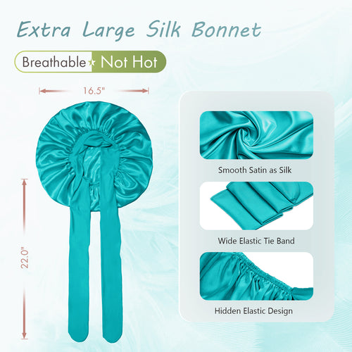 Single Layer Silk Satin Tie Bonnet Large Aqua Blue - BONNET QUEEN