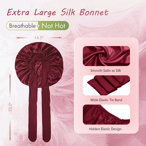 Single Layer Silk Satin Tie Bonnet Large Burgundy - BONNET QUEEN