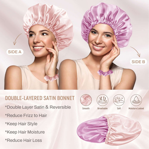 Silk Satin Bonnet Double Layer Reversible Hair Bonnet Elastic Sleep Cap with 2 Scrunchies & 1 Satin Bag Jade