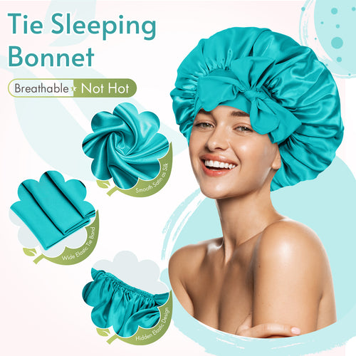 Single Layer Silk Satin Tie Bonnet Standard Aqua Blue - BONNET QUEEN