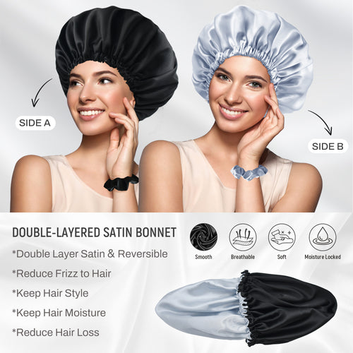 Silk Satin Bonnet Double Layer Reversible Hair Bonnet Elastic Sleep Cap with 2 Scrunchies & 1 Satin Bag Black Silver Grey