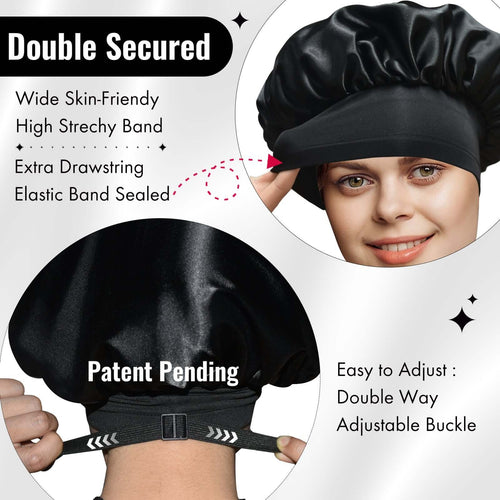 Elastic band adjustable Silk Satin Bonnet Night Cap(Black+Pink, 4pcs Item Gift Pack)