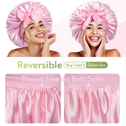 BONNET QUEEN Large Reversible Satin Bonnet for Curly Hair Double Layer Adjustable Nightcap with Elastic Tie Band for Women Pink Bn007-Pink-L Haircare
