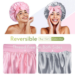 BONNET QUEEN Reversible Silk Bonnet for Sleeping Double Layer Satin Hair Adjustable Tie Bonnets Lined Night Wrap Women Grey,Pink&silver(double Layer&reversible) Haircare Heatless hats men bonnetsilk
