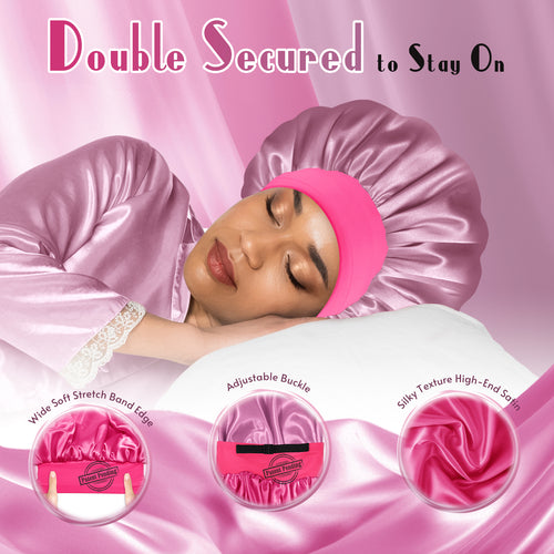 Adjustable Double-Layer Women's Satin Silk Bonnet Nightcap Hot Pink Dark Rose Gold - BONNET QUEEN