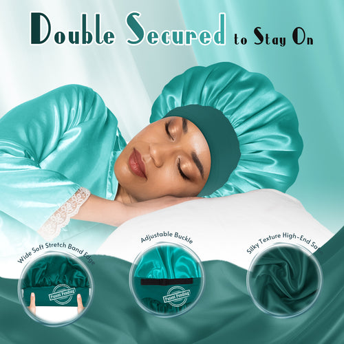 Adjustable Double-Layer Women's Satin Silk Bonnet Nightcap Darkish Green Aqua - BONNET QUEEN