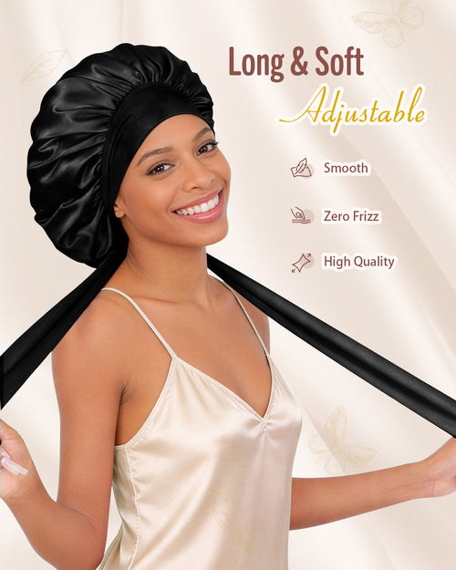 Bonnet Queen Silk Bonnet for Sleeping Women, Satin Hair Bonnet with Adjustable Tie Band, Double Layer Sleep Cap that Stays On Overnight for Curly Hair, Braids, Wigs and Natural Hair, Medium Black