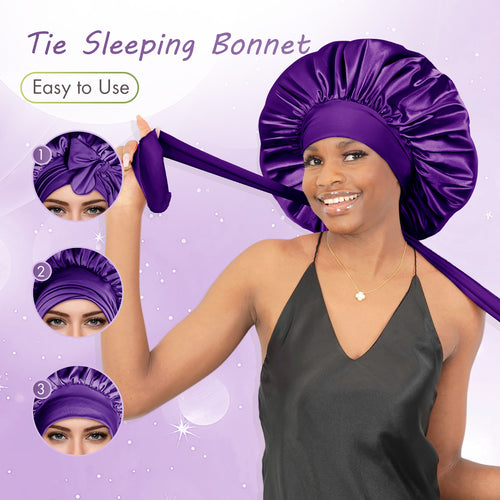 Single Layer Silk Satin Tie Bonnet Large Purple - BONNET QUEEN