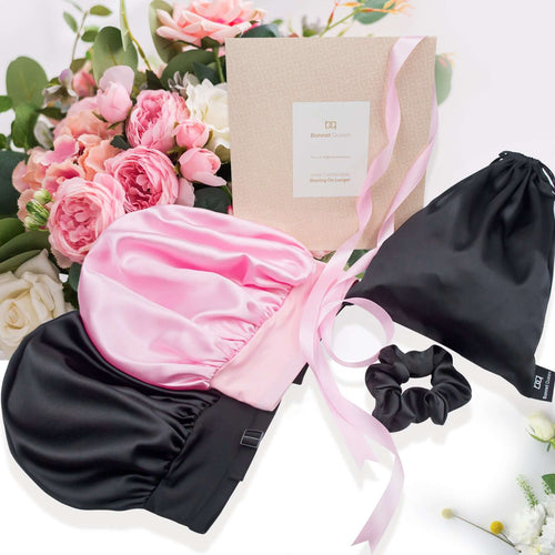 Elastic band adjustable Silk Satin Bonnet Night Cap(Large, Black+Pink, 4pcs Item Gift Pack)