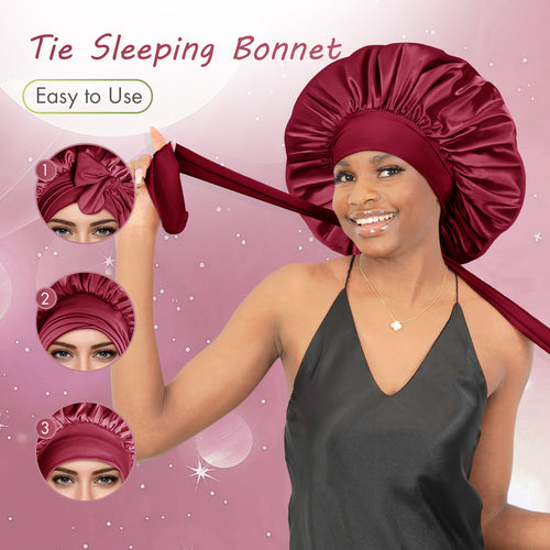 Single Layer Silk Satin Tie Bonnet Large Burgundy - BONNET QUEEN