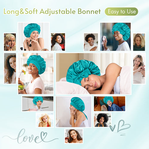 Single Layer Silk Satin Tie Bonnet Standard Aqua Blue - BONNET QUEEN