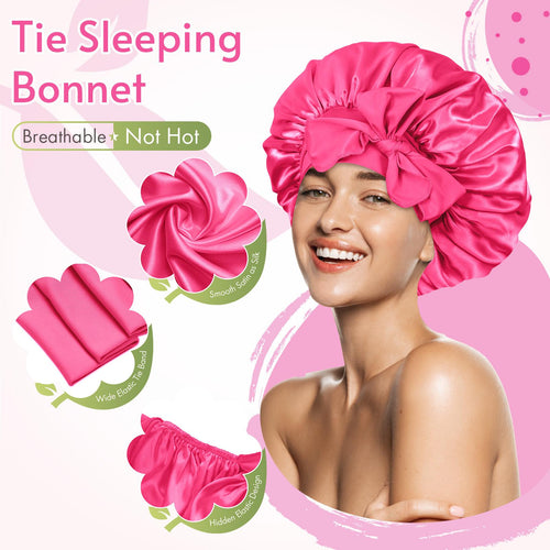 BONNET QUEEN Satin Night Cap Silky Bonnet for Sleeping Hair Bonnet Tie Bonnet for Women with Stretch Band Natural Hair Adjustable Haircare Heatless Bn001-Hot Pink-M