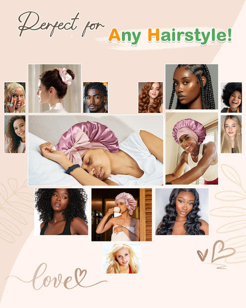 BONNET QUEEN Hyaluronic Acid Bonnet with Elastic Band & Scrunchie for Curly Hair Machine Washable Double Moisture Anti-Frizz Satin Nightcap Gift for Women Heatless Haircare Adjustable Reversible Design - Smooth curly hair gift ideas