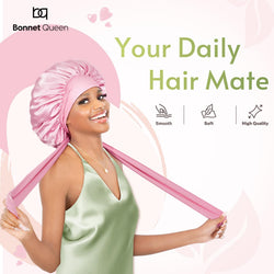 BONNET QUEEN Satin Bonnet Silk Like Bonnets for Sleeping Double Layer Sleep Cap Haircare Bonnet with Elastic Tie Band for Curly Hair Pink Night Cap