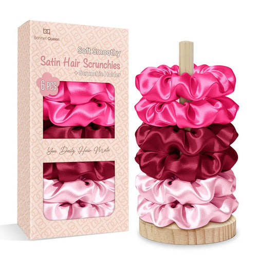 BONNET QUEEN Hair Ties for Women – Satin Scrunchies, 6-Pack with Holder – Silk Scrunchies No Crease, Strong Hold to Prevent Hair Breakage & Frizz, Soft Scrunchies for Sleeping & Everyday – Black