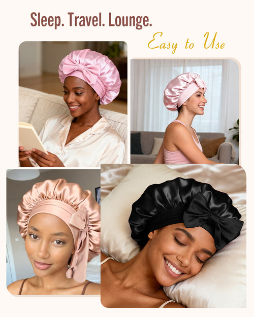 Bonnet Queen Silk Bonnet for Sleeping Women, Satin Hair Bonnet with Adjustable Tie Band, Double Layer Sleep Cap that Stays On Overnight for Curly Hair, Braids, Wigs and Natural Hair, Medium Black