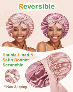 BONNET QUEEN Hyaluronic Acid Bonnet with Elastic Band & Scrunchie for Curly Hair Machine Washable Double Moisture Anti-Frizz Satin Nightcap Gift for Women Heatless Haircare Adjustable Reversible Design - Smooth curly hair gift ideas