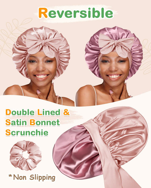 BONNET QUEEN Hyaluronic Acid Bonnet with Elastic Band & Scrunchie for Curly Hair Machine Washable Double Moisture Anti-Frizz Satin Nightcap Gift for Women Heatless Haircare Adjustable Reversible Design - Smooth curly hair gift ideas