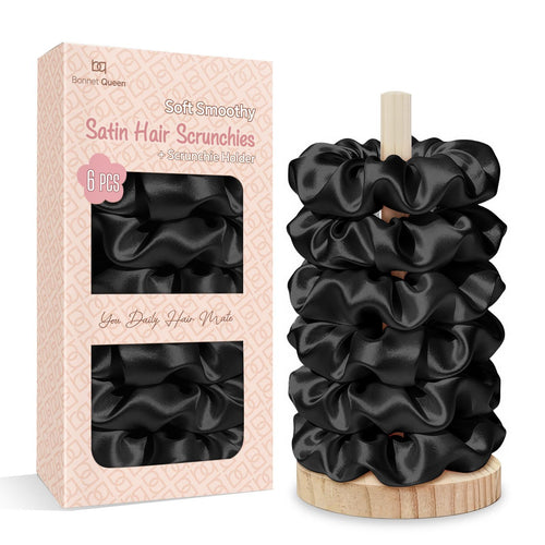 BONNET QUEEN Hair Ties for Women – Satin Scrunchies, 6-Pack with Holder – Silk Scrunchies No Crease, Strong Hold to Prevent Hair Breakage & Frizz, Soft Scrunchies for Sleeping & Everyday – Black