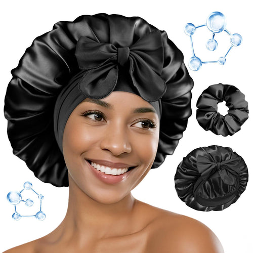 BONNET QUEEN Hyaluronic Acid Bonnet with Elastic Band & Scrunchie for Curly Hair Machine Washable Double Moisture Anti-Frizz Satin Nightcap Gift for Women Heatless Haircare Adjustable Reversible Design - Smooth curly hair gift ideas