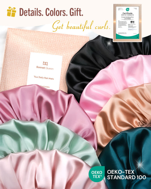 Bonnet Queen Silk Bonnet for Sleeping Women, Satin Hair Bonnet with Adjustable Tie Band, Double Layer Sleep Cap that Stays On Overnight for Curly Hair, Braids, Wigs and Natural Hair, Medium Black