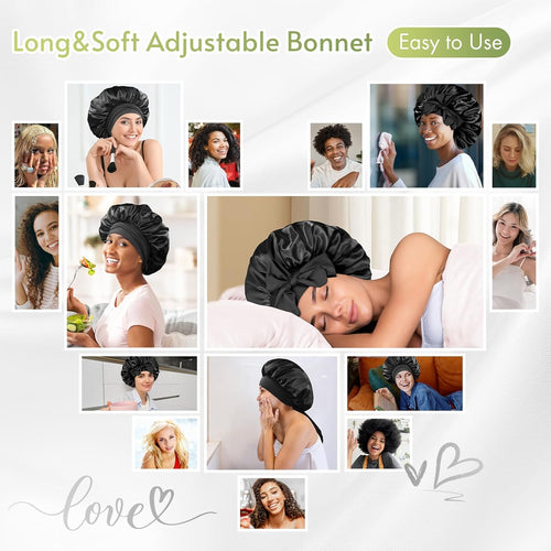 BONNET QUEEN Silk-Like Satin Bonnet with Bow - Adjustable Tie Band Sleep Cap