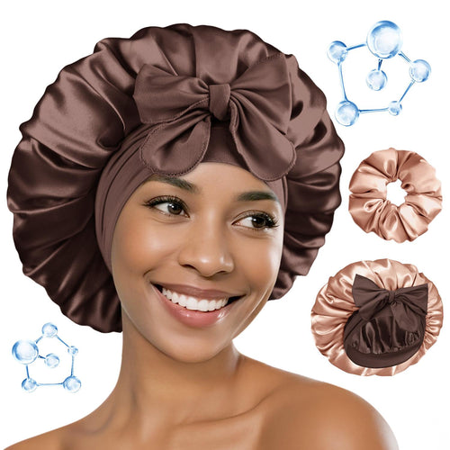 BONNET QUEEN Hyaluronic Acid Bonnet with Elastic Band & Scrunchie for Curly Hair Machine Washable Double Moisture Anti-Frizz Satin Nightcap Gift for Women Heatless Haircare Adjustable Reversible Design - Smooth curly hair gift ideas