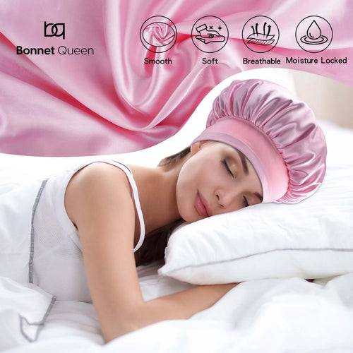 Elastic band adjustable Silk Satin Bonnet Night Cap(Black+Pink, 4pcs Item Gift Pack)