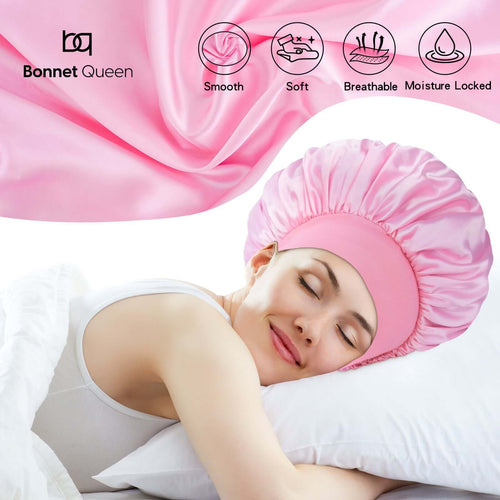 Elastic band adjustable Silk Satin Bonnet Night Cap(Large, Black+Pink, 4pcs Item Gift Pack)