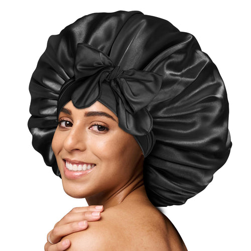 BONNET QUEEN Satin Night Cap for Women - Large Adjustable Bonnet with Tie Band for Curly Hair - Moisture Protect Edges & Natural Luster - Bn001-Black