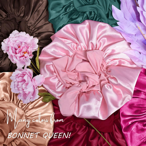 BONNET QUEEN Silk-Like Satin Bonnet with Bow - Adjustable Tie Band Sleep Cap