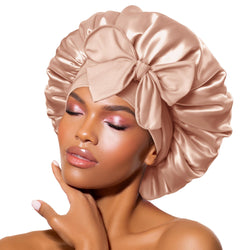 BONNET QUEEN Silk Satin Night Cap for Sleeping Women Adjustable Bonnet with Stretchy Band & Tie Band for Curly Hair Care Bn001-Champagne-M Machine Washable Premium Material Non-Slip Design