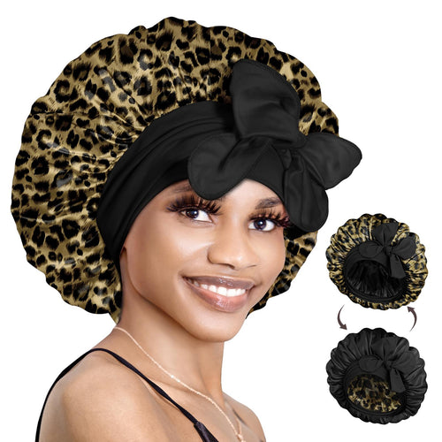Bonnet Queen Double Layered Satin Night Caps Hair Care Silky Bonnet Sleeping Hat Shower Caps for women Nightcap With Elastic Band Gift Springtok Black Haircare Bn007-Black&Silver-M