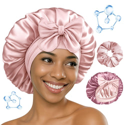 BONNET QUEEN Hyaluronic Acid Bonnet with Elastic Band & Scrunchie for Curly Hair Machine Washable Double Moisture Anti-Frizz Satin Nightcap Gift for Women Heatless Haircare Adjustable Reversible Design - Smooth curly hair gift ideas