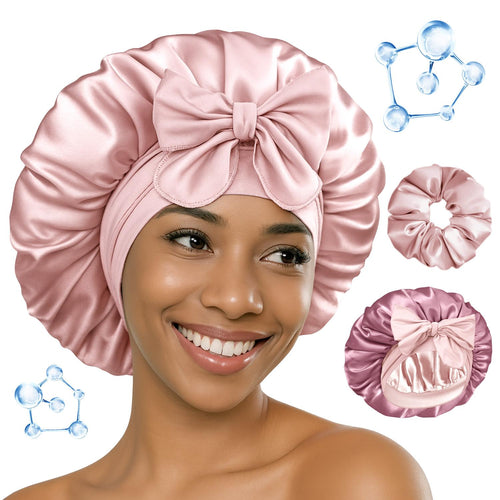 BONNET QUEEN Hyaluronic Acid Bonnet with Elastic Band & Scrunchie for Curly Hair Machine Washable Double Moisture Anti-Frizz Satin Nightcap Gift for Women Heatless Haircare Adjustable Reversible Design - Smooth curly hair gift ideas