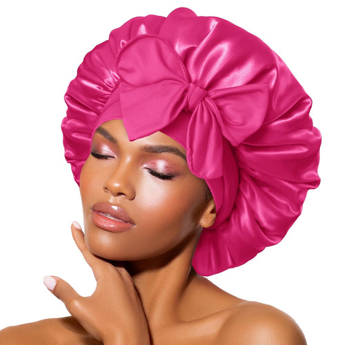 BONNET QUEEN Satin Night Cap Silky Bonnet for Sleeping Hair Bonnet Tie Bonnet for Women with Stretch Band Natural Hair Adjustable Haircare Heatless Bn001-Hot Pink-M