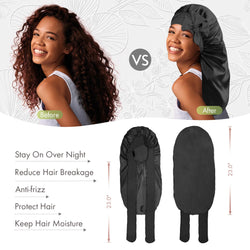 BONNET QUEEN Black Medium Adjustable Elastic Band Satin Bonnet for Sleeping Long Hair Braids Dreadlocks Heatless Beanie Cap Haircare - Black,Medium