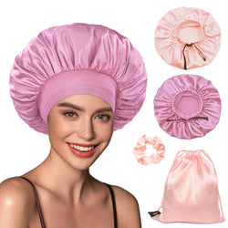 BONNET QUEEN 4 Pc silky Bonnet for Sleeping Satin Bonnet Adjustable Hair Bonnet Elastic Wide Band Sleep Cap for Women Curly Hair Gift Home Goods Haircare Bn005-Jade&Pink-4Pcs