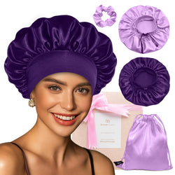 Elastic band adjustable Silky Satin Bonnet (Black+Pink, 4pcs Item Gift Pack) - BONNET QUEEN