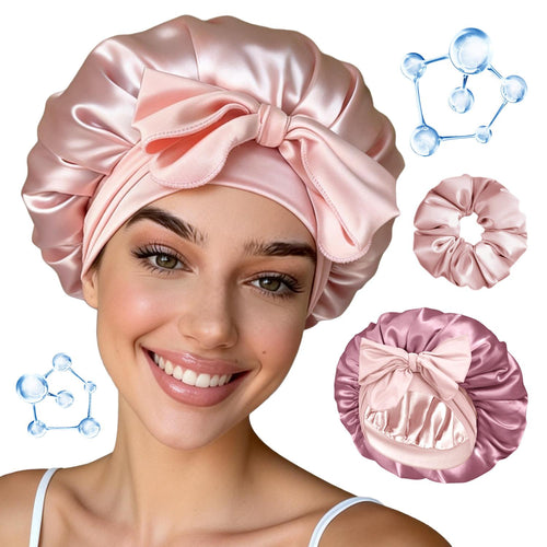 BONNET QUEEN Hyaluronic Acid Bonnet with Elastic Band & Scrunchie for Curly Hair Machine Washable Double Moisture Anti-Frizz Satin Nightcap Gift for Women Heatless Haircare Adjustable Reversible Design Smooth Curly Hair