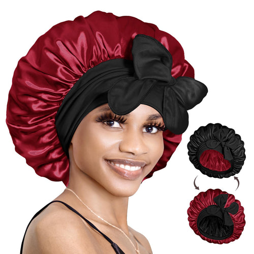 Bonnet Queen Double Layer Satin Bonnet Silky Nightcap for Sleeping Hair Cap with Elastic Tie Band for Curly Hair Gifts for Women Headwear Adjustable Style Springtok Haircare Heatless Bn007-Black&Burgundy Machine Washable Reversible Satin Bonnet