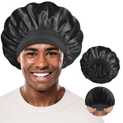 Adjustable Double - Layer Men's Satin Silk Bonnet Black - BONNET QUEEN