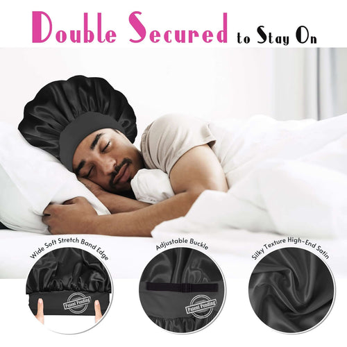 Adjustable Double - Layer Men's Satin Silk Bonnet Black - BONNET QUEEN