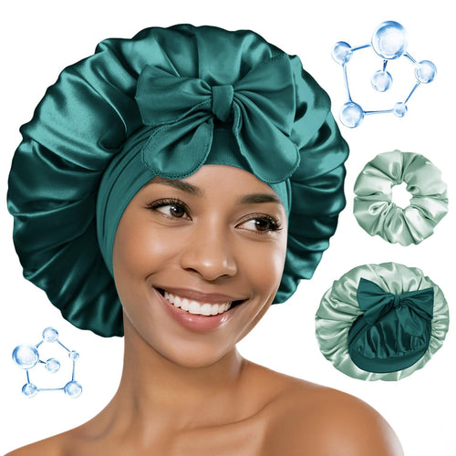 BONNET QUEEN Hyaluronic Acid Bonnet with Elastic Band & Scrunchie for Curly Hair Machine Washable Double Moisture Anti-Frizz Satin Nightcap Gift for Women Heatless Haircare Adjustable Reversible Design - Smooth curly hair gift ideas