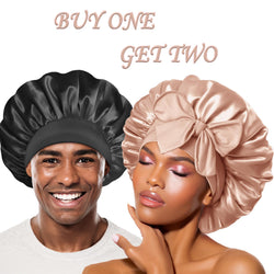 Valentine's Day Satin Bonnet Adjustable Elastic NightCap  Sleep Hair Cap 2Pcs for Gift Heatless Curling Set Haircare Bn001Champagne+Bn005Bblack Silky twist king