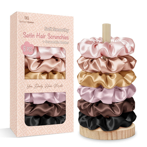 BONNET QUEEN Hair Ties for Women – Satin Scrunchies, 6-Pack with Holder – Silk Scrunchies No Crease, Strong Hold to Prevent Hair Breakage & Frizz, Soft Scrunchies for Sleeping & Everyday – Black